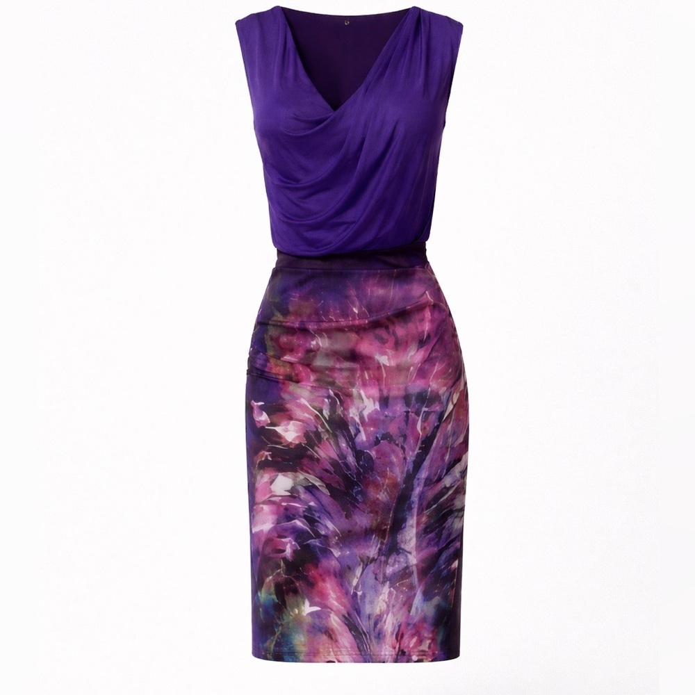 Karen Millen Purple Abstract Print Draped Sheath Dress US 4 Knee Length